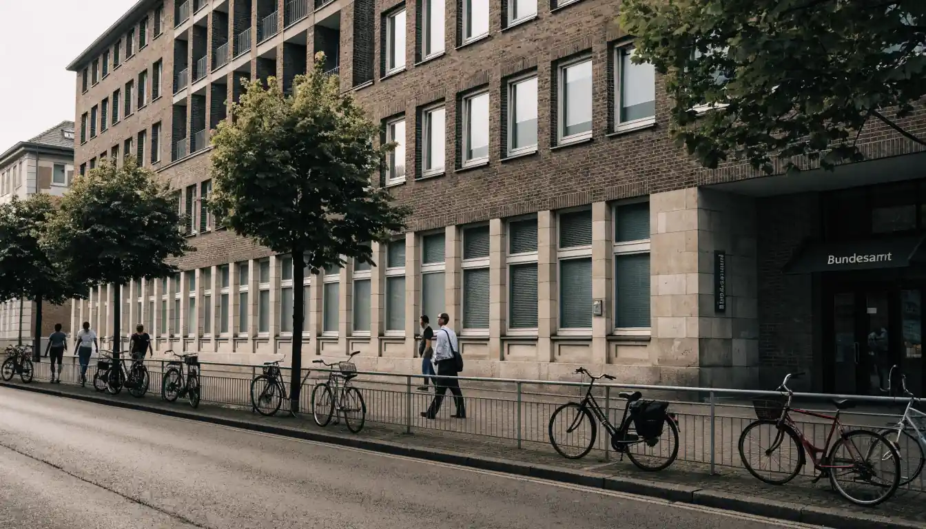 Fassade einer deutschen Behörde mit parkenden Fahrrädern