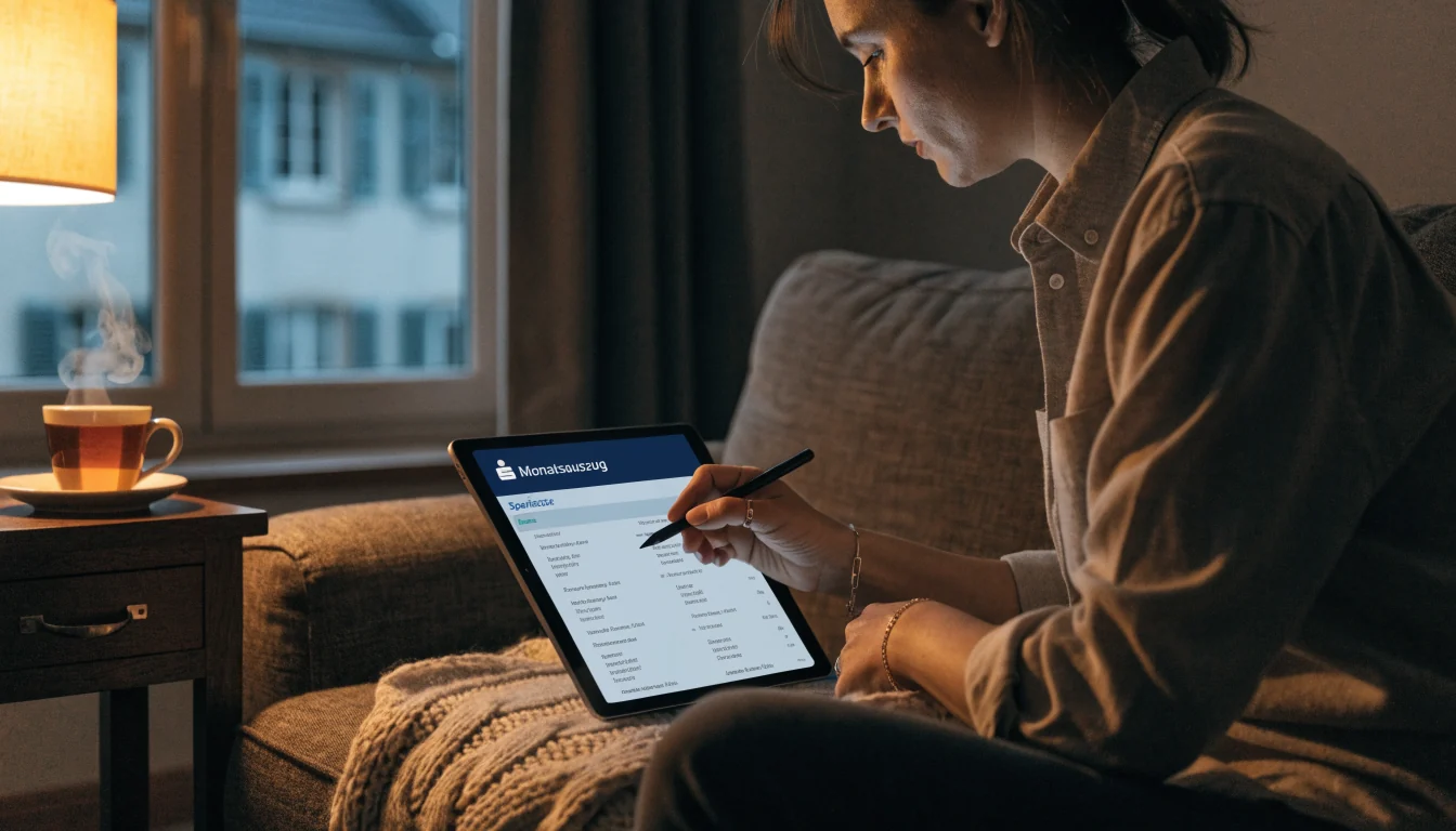Person prüft Kontoauszug auf einem Tablet zu Hause
