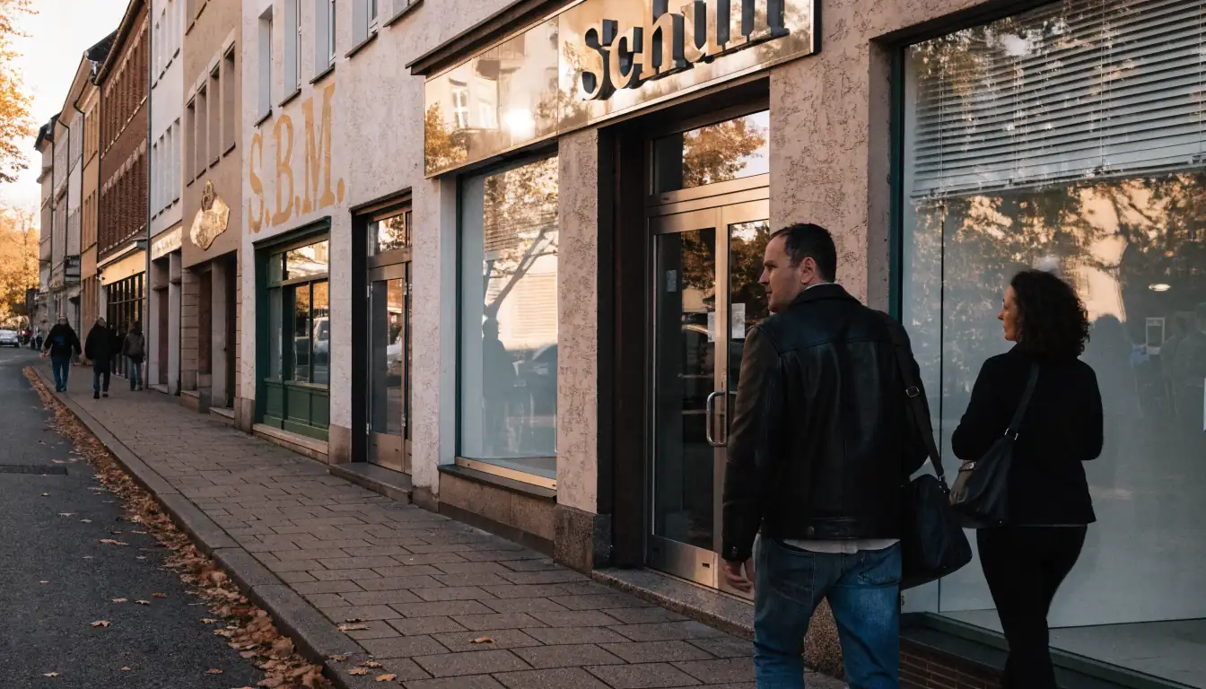 Deutsche Geschäftsreihe mit unterschiedlichen Ladenschildern